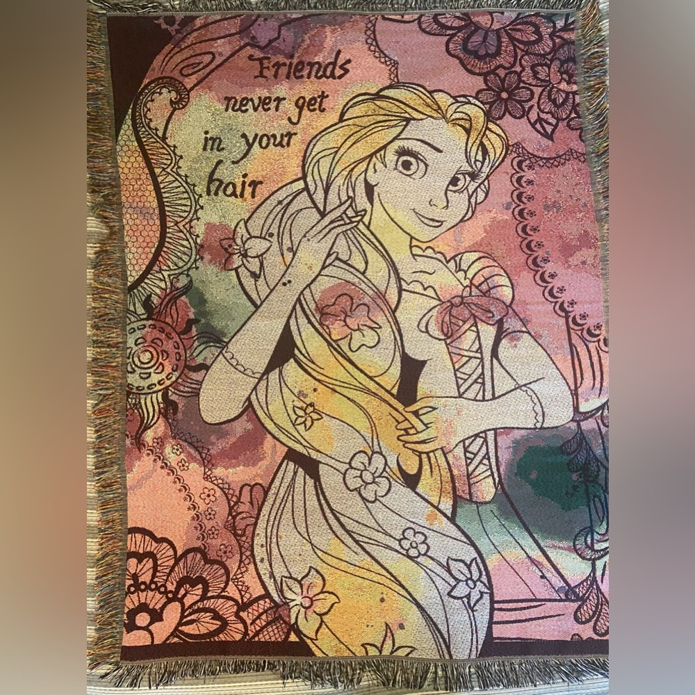 Disney Tangled Rapunzel Woven Tapestry Throw Blanket Multi Color Fringe